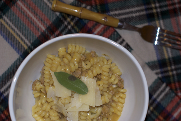 Pumpkin Fusilli with Turkey Sausage and Sage