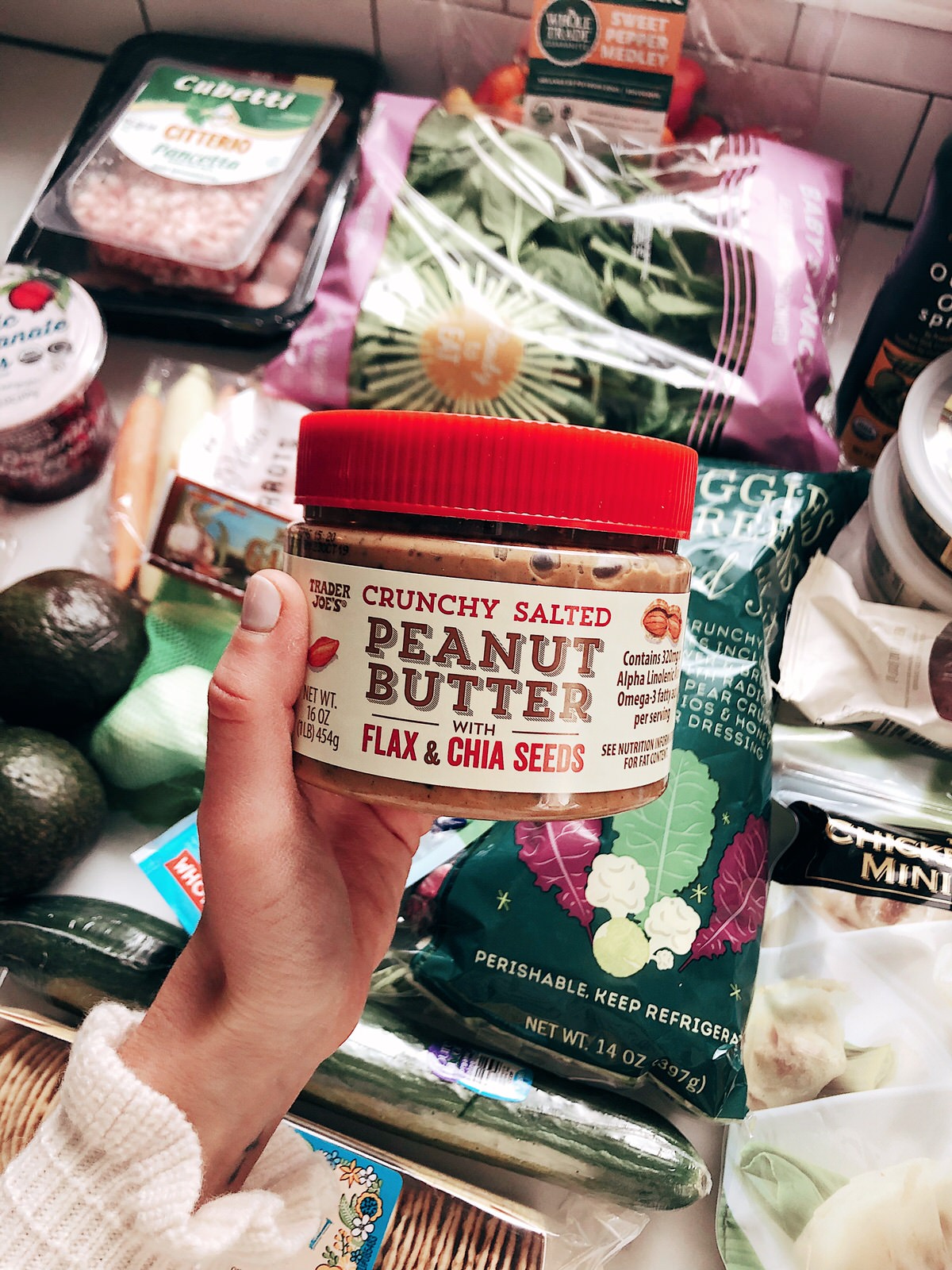 trader joe's crunchy salted peanut butter with flax and chia seeds