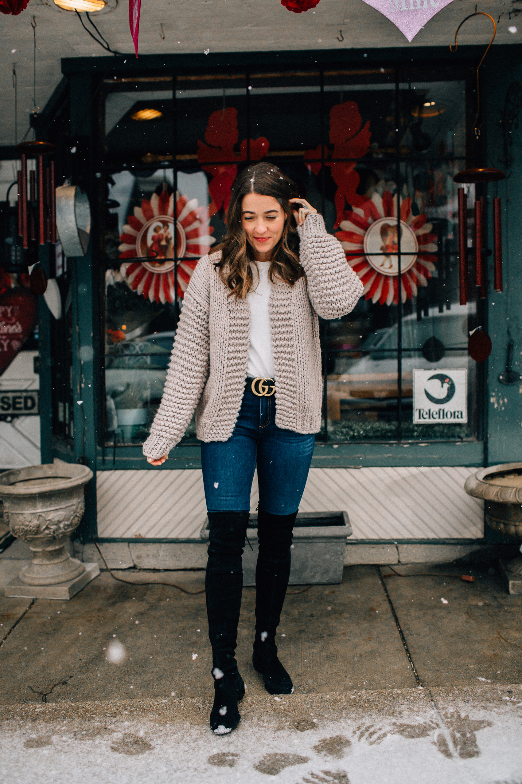 valentine's day date night casual look gucci belt stuart weitzman over the knee boots
