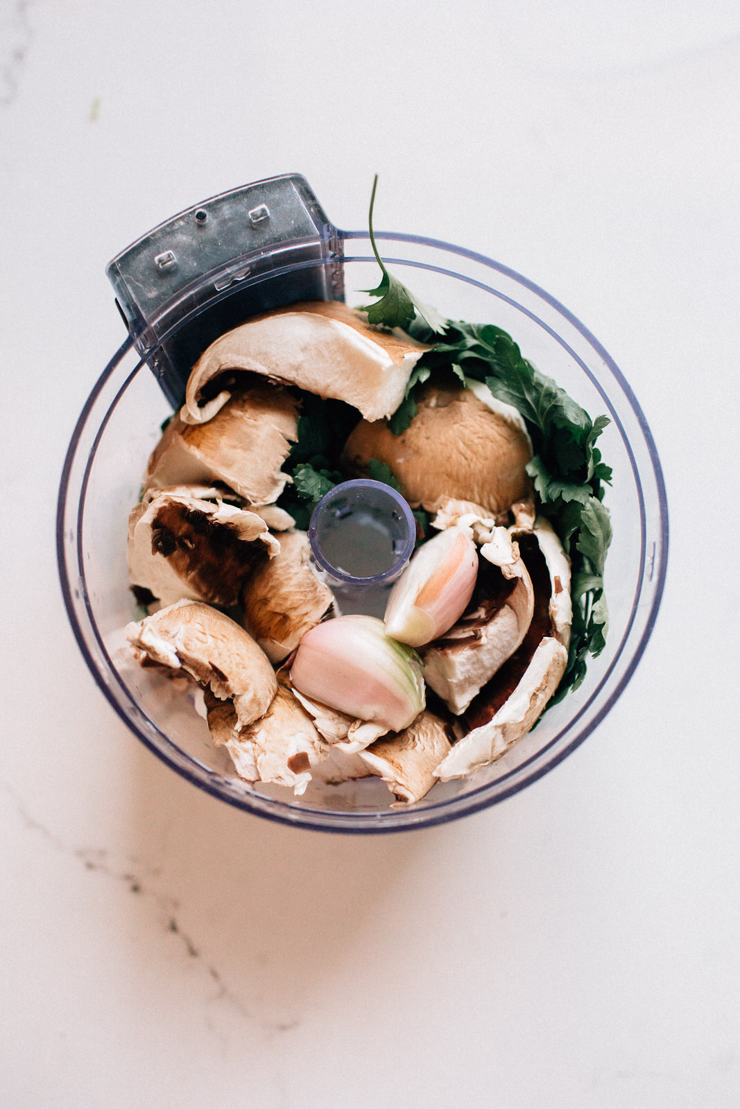healthy turkey burger ingredients mushroom shallot parsley in food processor