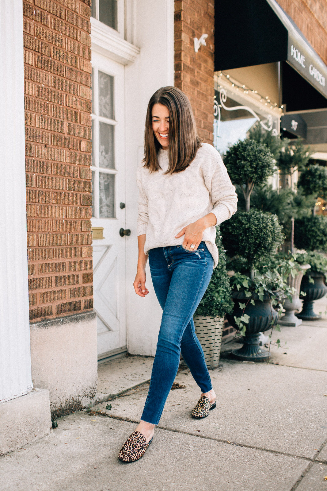 nordstrom anniversary sale outfit AG legging jeans leopard mules ribbed sweater