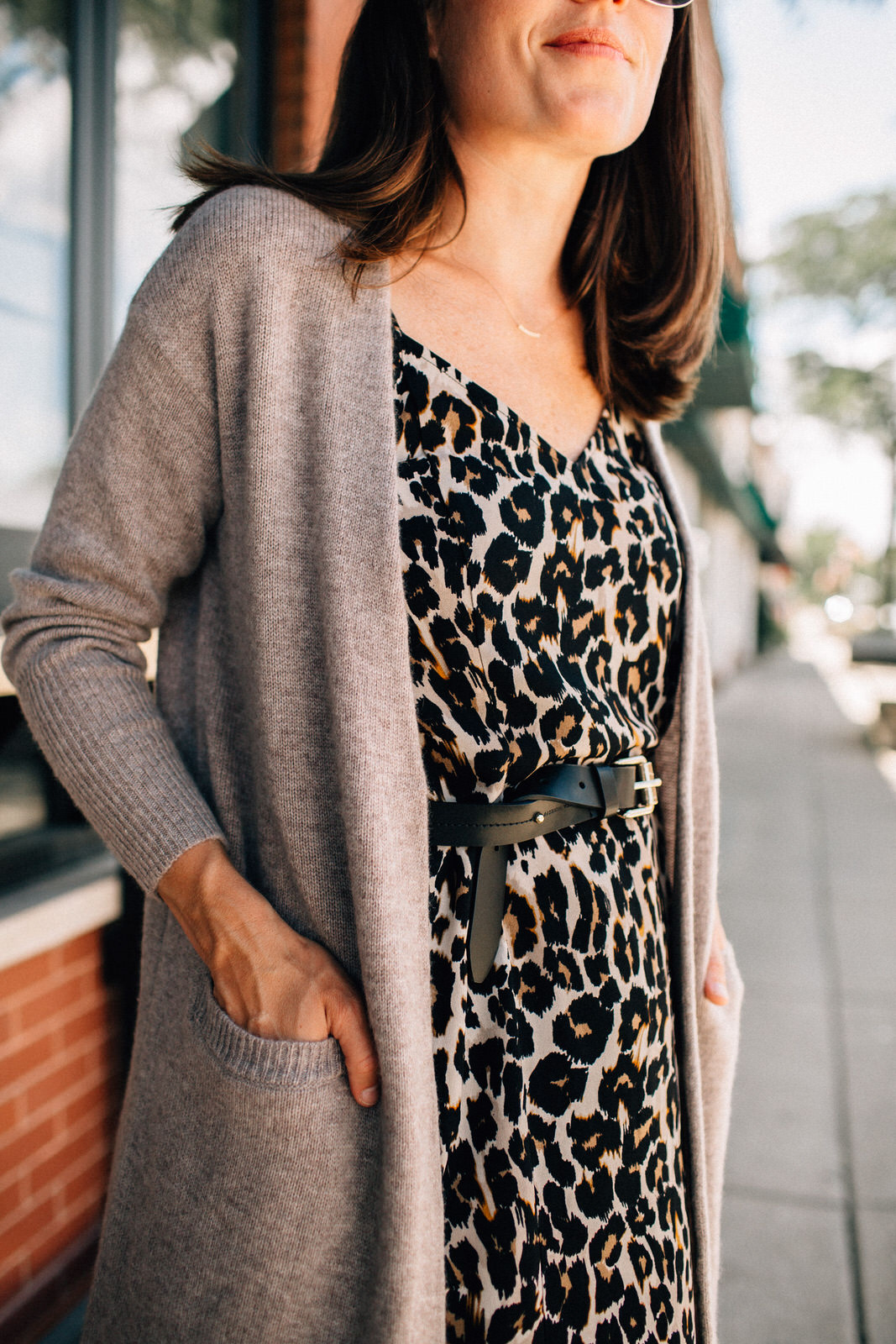 nordstrom anniversary sale outfit BP leopard silk dress long cardigan black waist belt