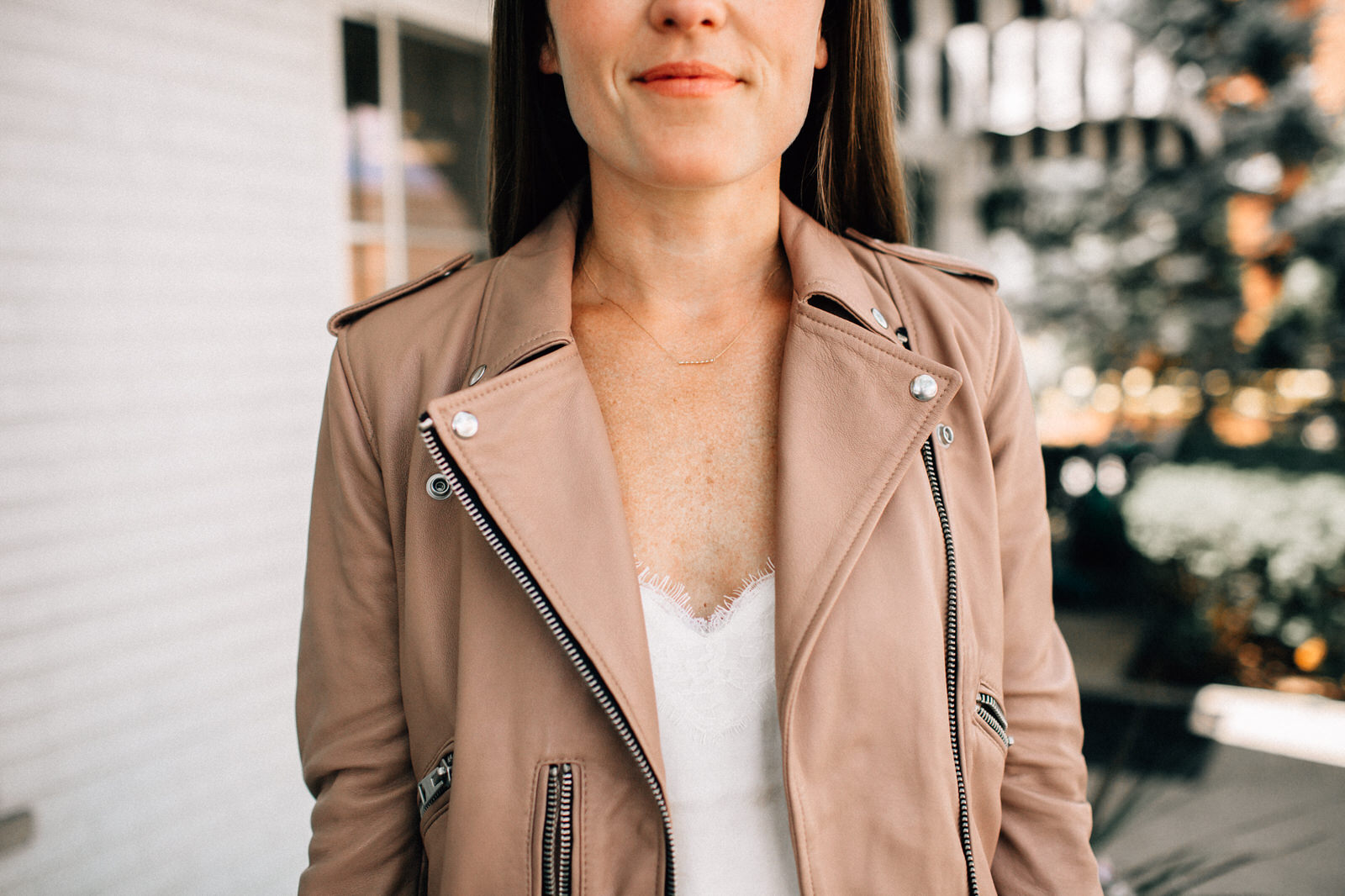 nordstrom anniversary sale outfit allsaints leather jacket white lace cami rag & bone jeans