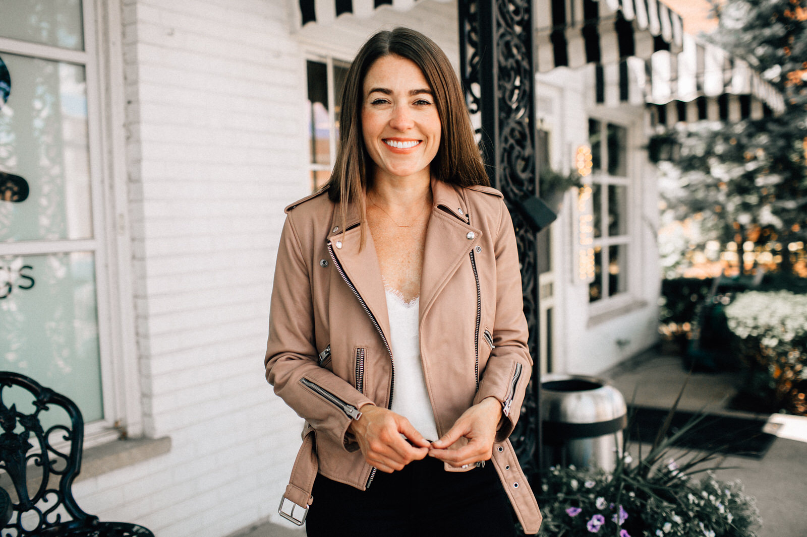 nordstrom anniversary sale outfit allsaints leather jacket white lace cami rag & bone jeans