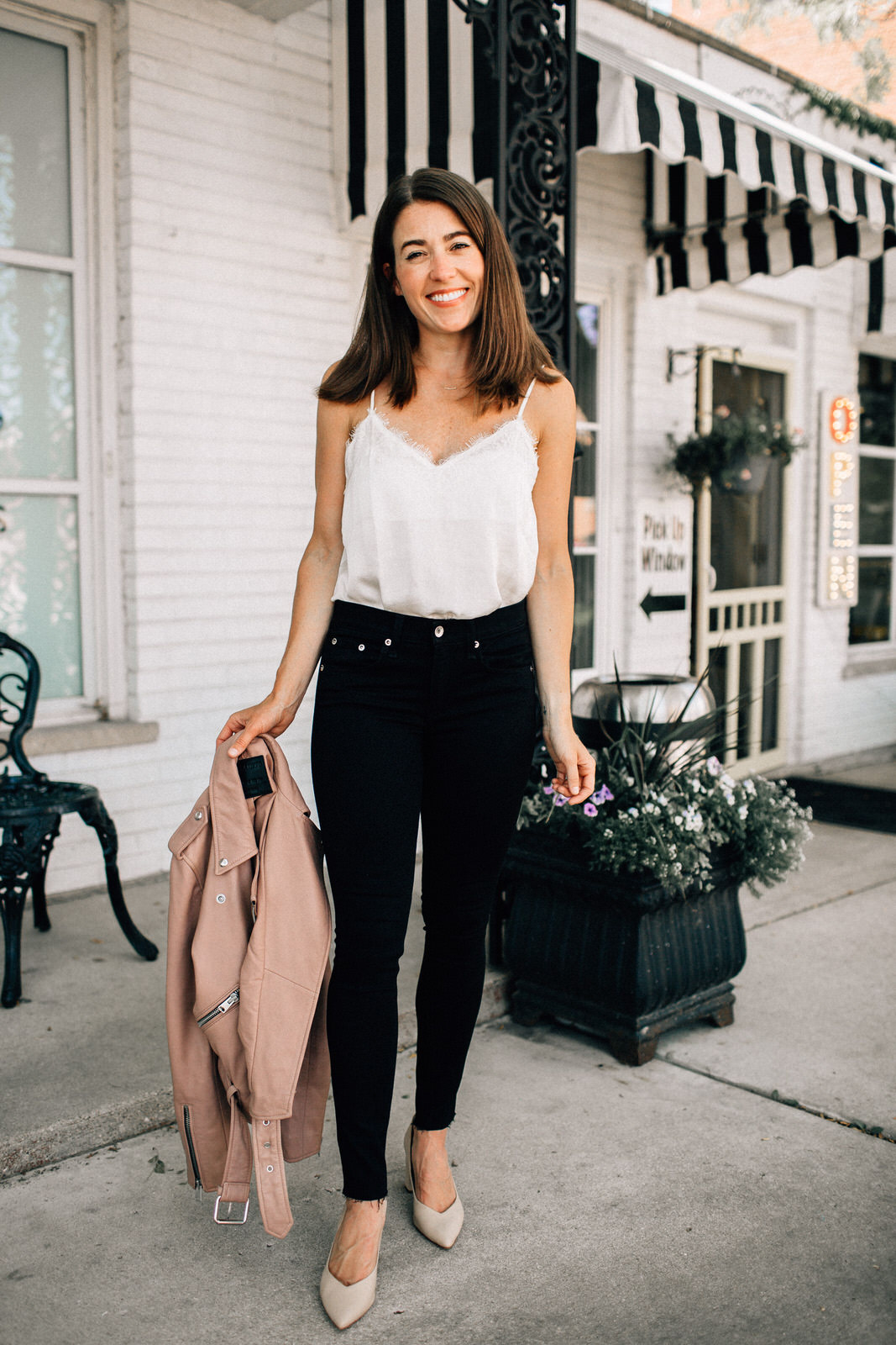 nordstrom anniversary sale outfit allsaints leather jacket white lace cami rag & bone jeans