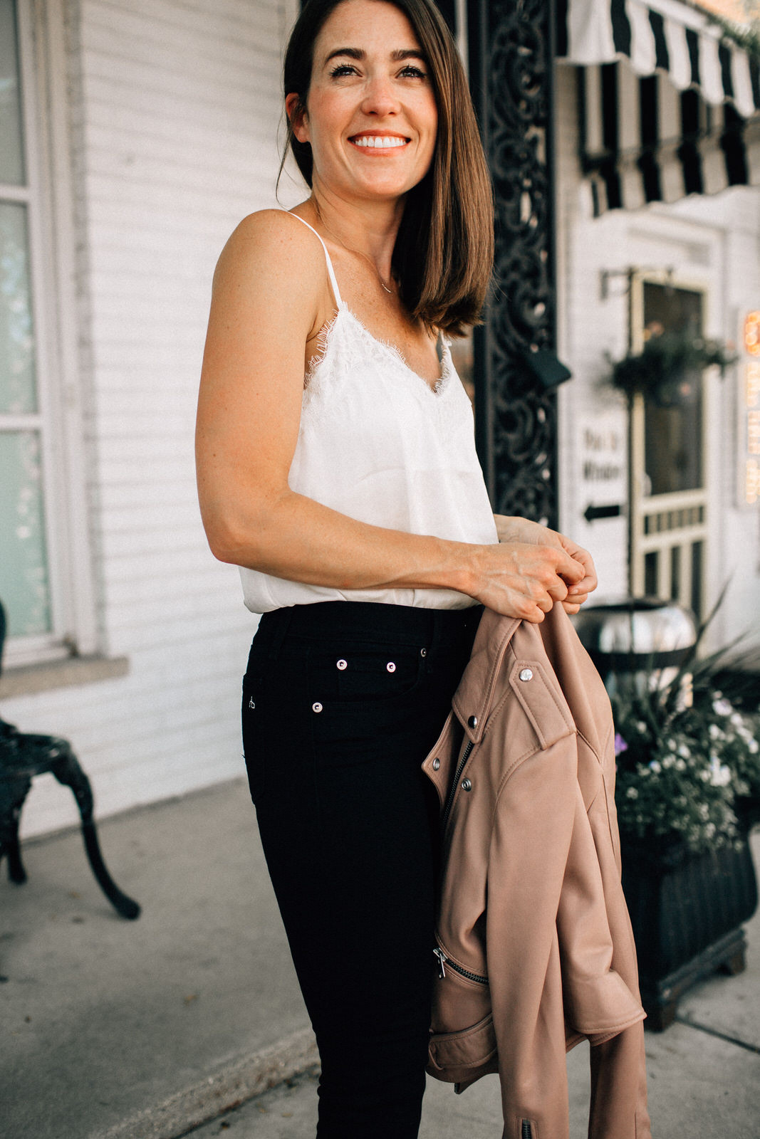 nordstrom anniversary sale outfit allsaints leather jacket white lace cami rag & bone jeans