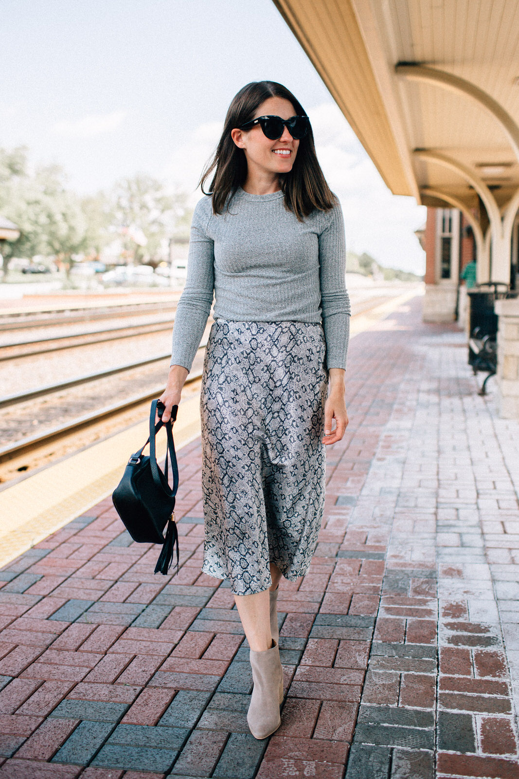 nordstrom anniversary sale outfit chelsea28 snakeskin silk midi skirt grey sweater