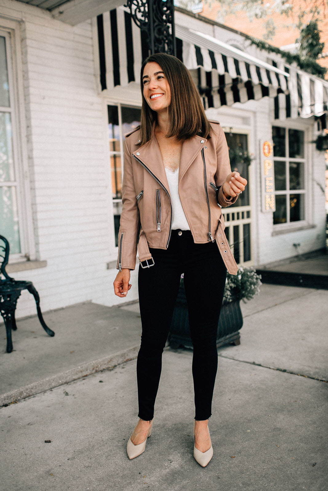 nordstrom anniversary sale outfit allsaints leather jacket white lace cami rag & bone jeans