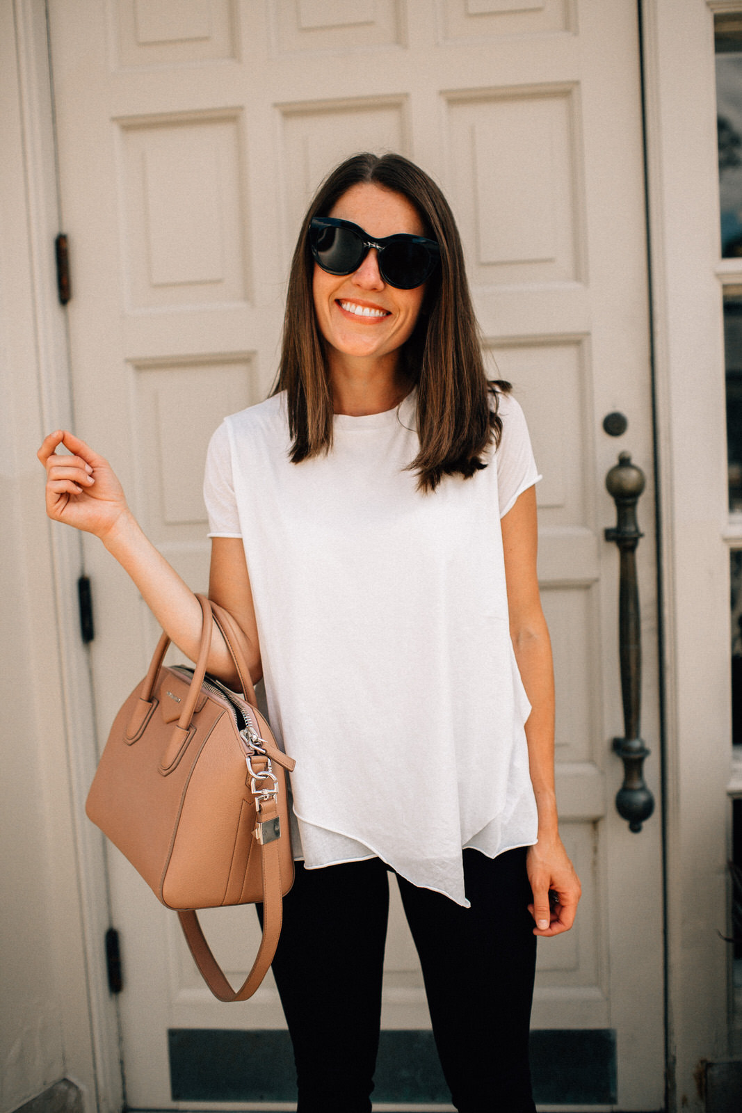 nordstrom anniversary sale outfit allsaints white asymmetrical hem tee with tan givenchy handbag le specs sunglasses