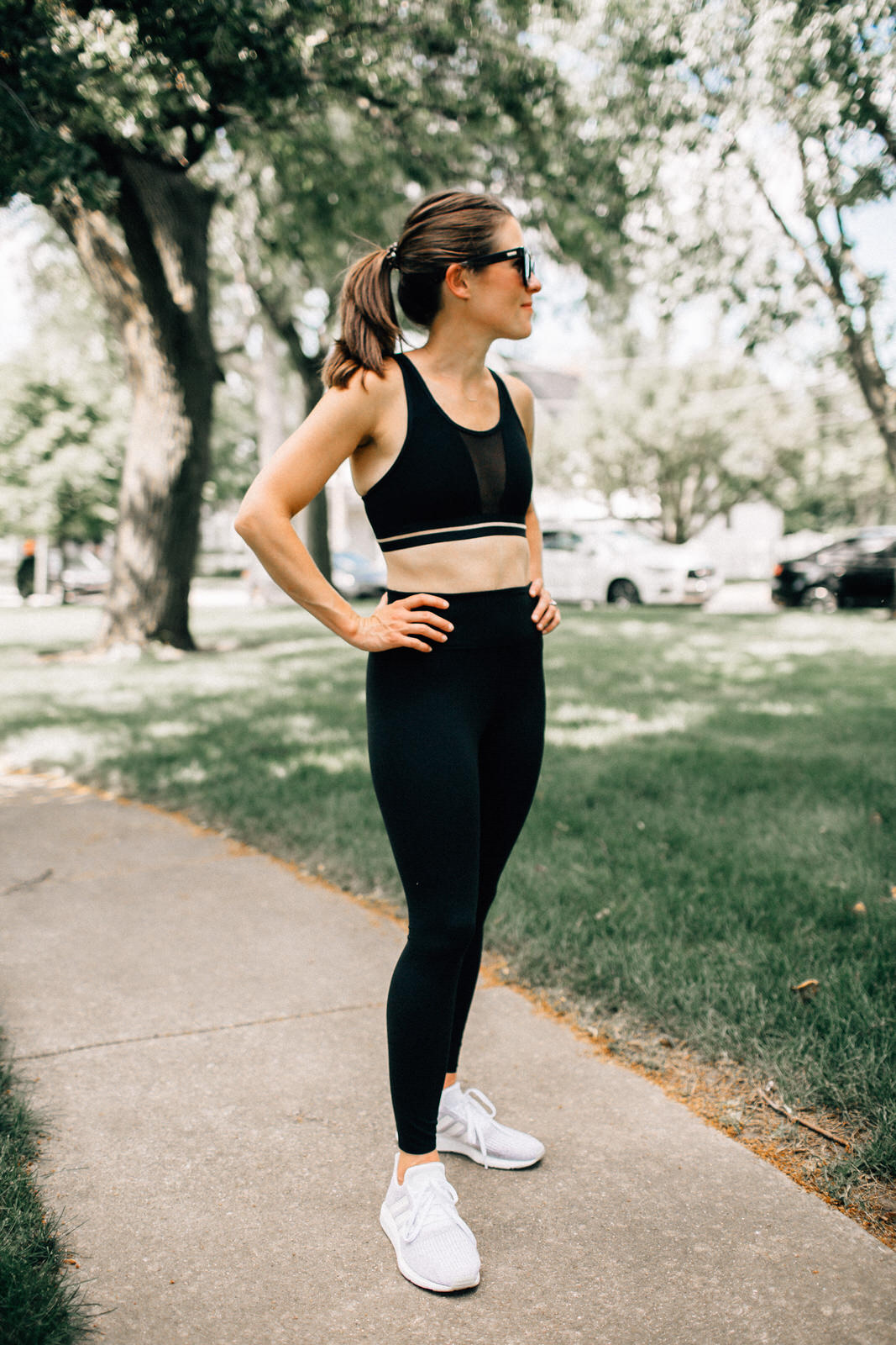 nordstrom anniversary sale fitness outfit black nike sports bra and lux running leggings adidas sneakers