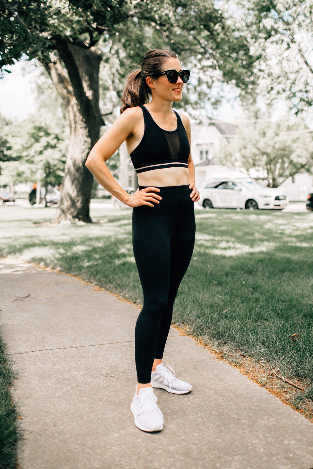 nordstrom anniversary sale fitness outfit black nike sports bra and lux running leggings adidas sneakers