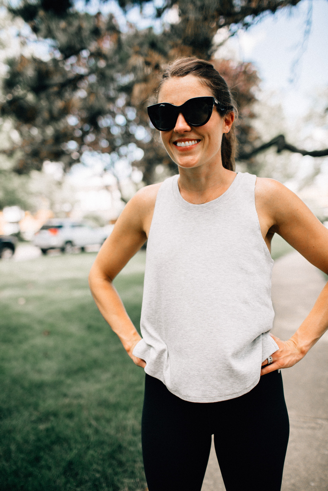 nordstrom anniversary sale fitness outfit grey zella tank black nike leggings