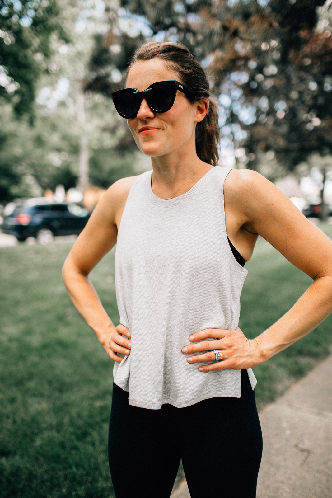 nordstrom anniversary sale fitness outfit grey zella tank black nike leggings