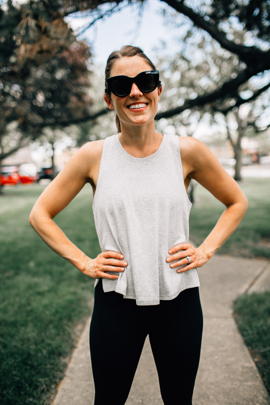 nordstrom anniversary sale fitness outfit grey zella tank black nike leggings