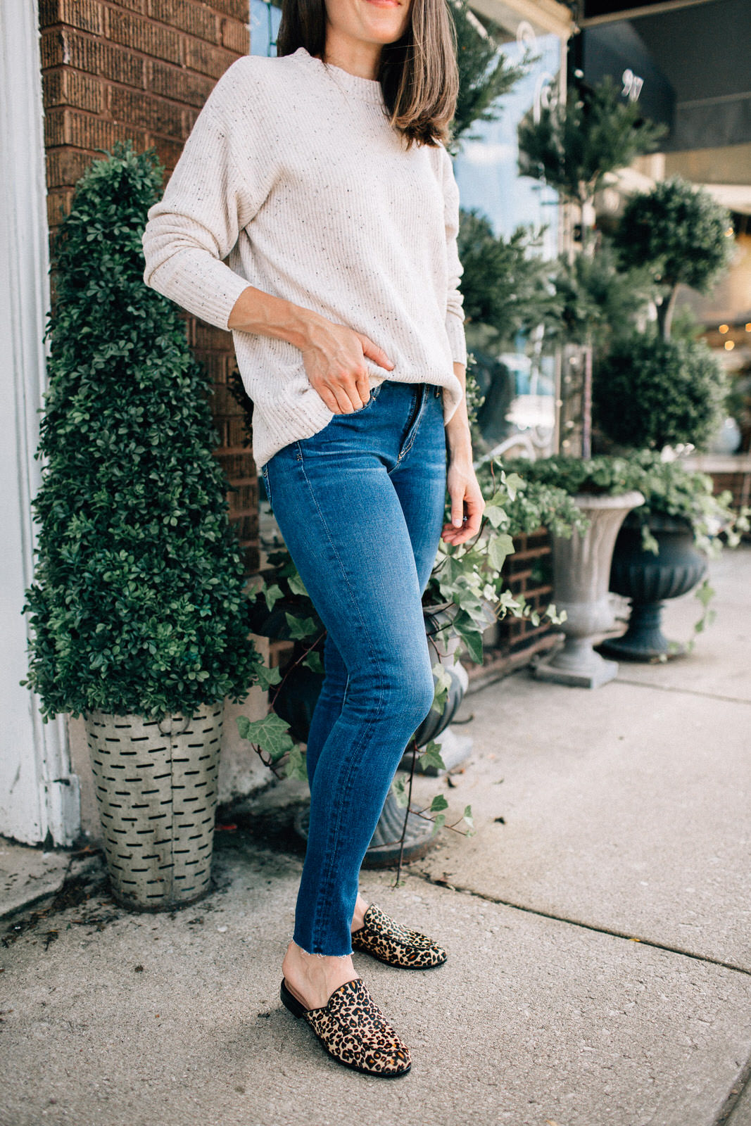 nordstrom anniversary sale outfit AG legging jean sweater leopard mules