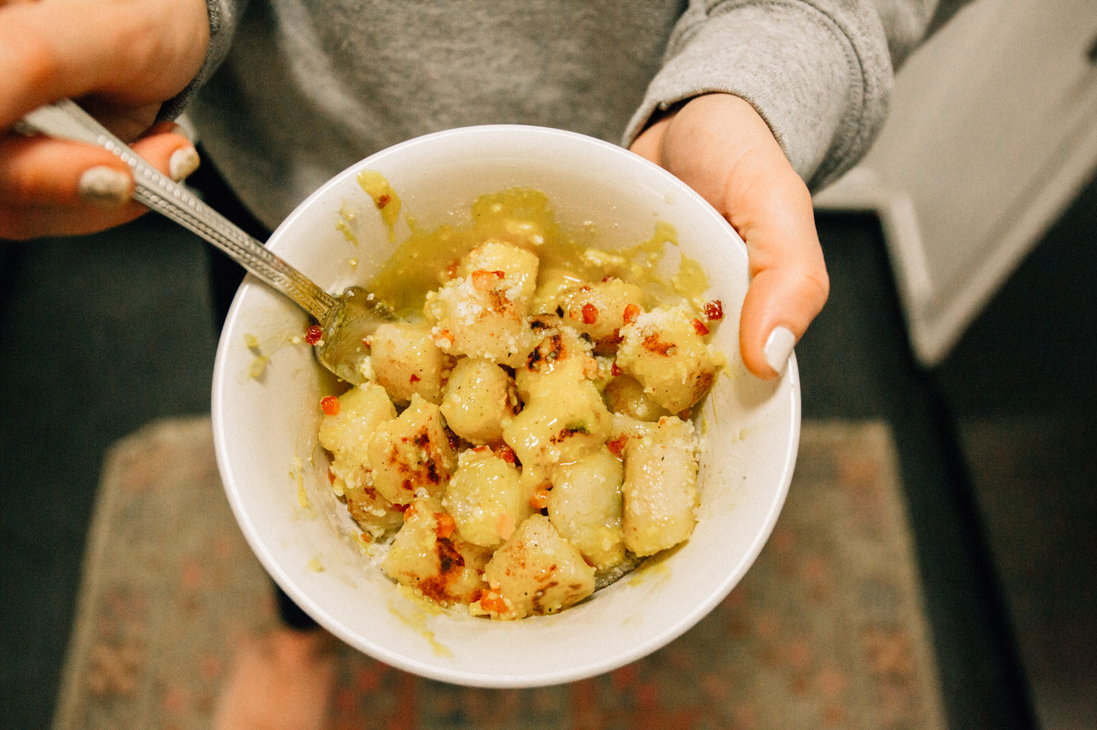 trader joe's cauliflower gnocchi recipe carbonara egg parmesan red pepper flakes