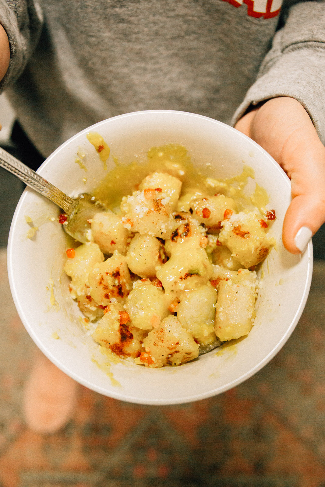 trader joe's cauliflower gnocchi recipe carbonara egg parmesan red pepper flakes