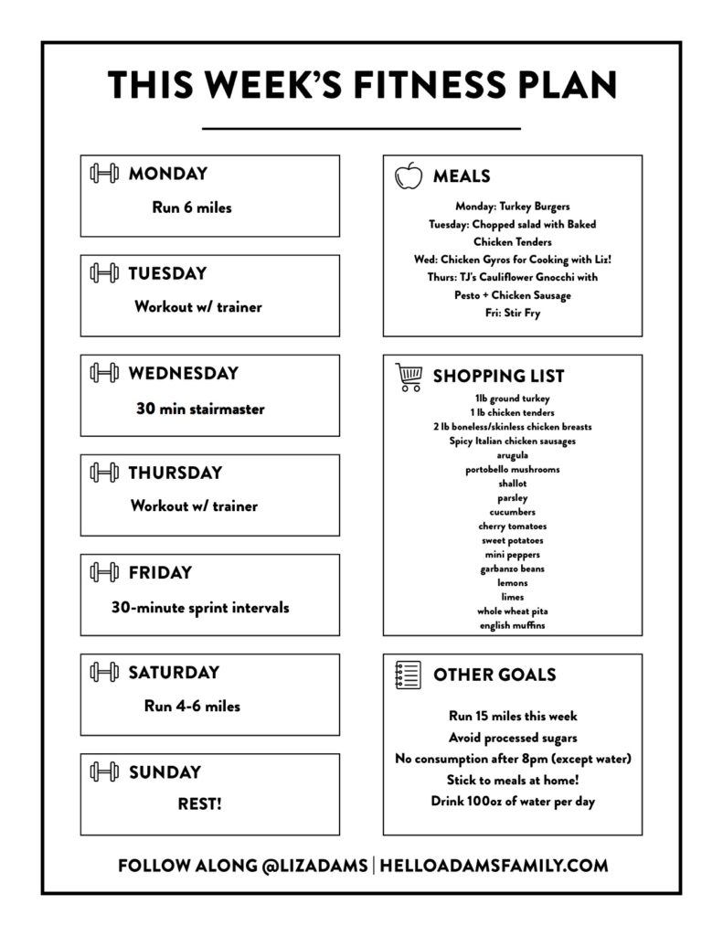My Workout + Meal Plan • Week of January 13, 2020