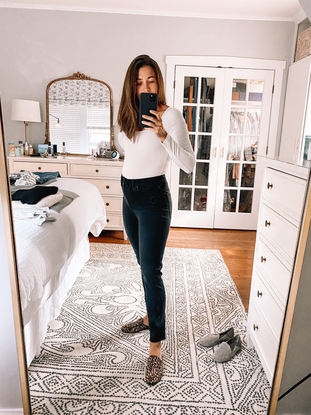 Nordstrom Annniversary Sale white topshop long sleeve bodysuit with Good American Good Waist cropped jeans
