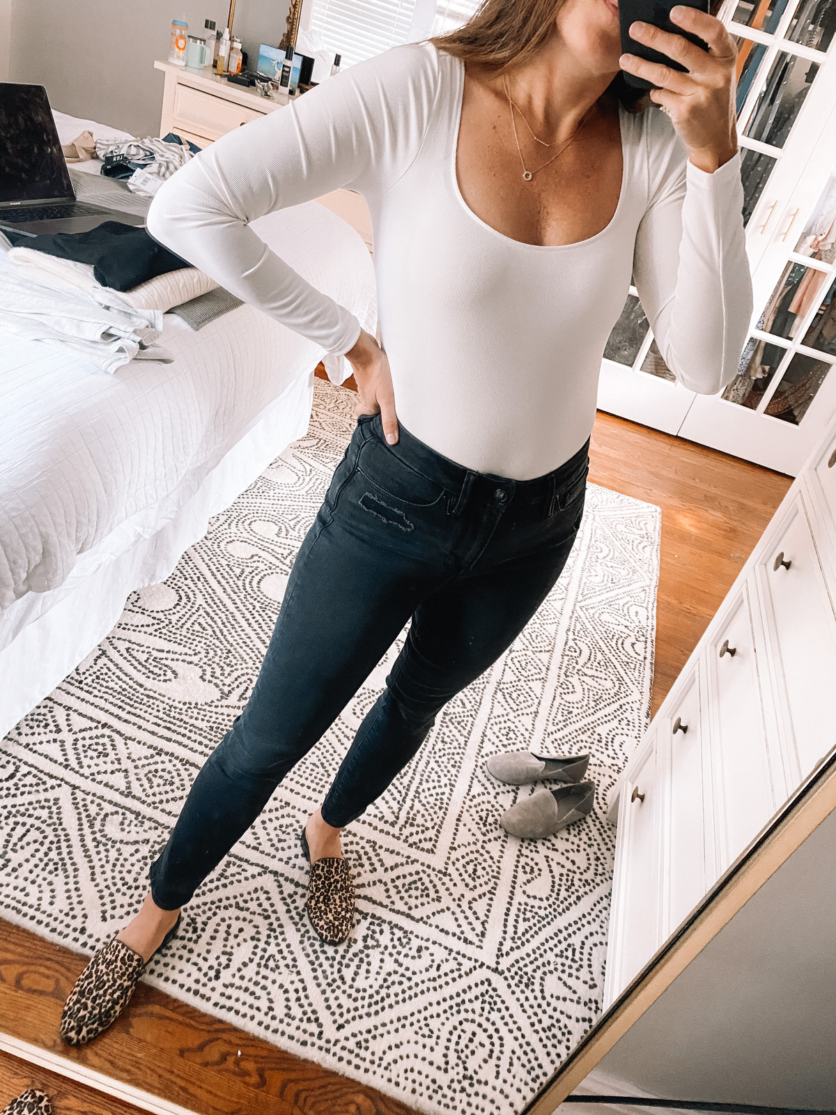 Nordstrom Annniversary Sale white topshop long sleeve bodysuit with Good American Good Waist cropped jeans