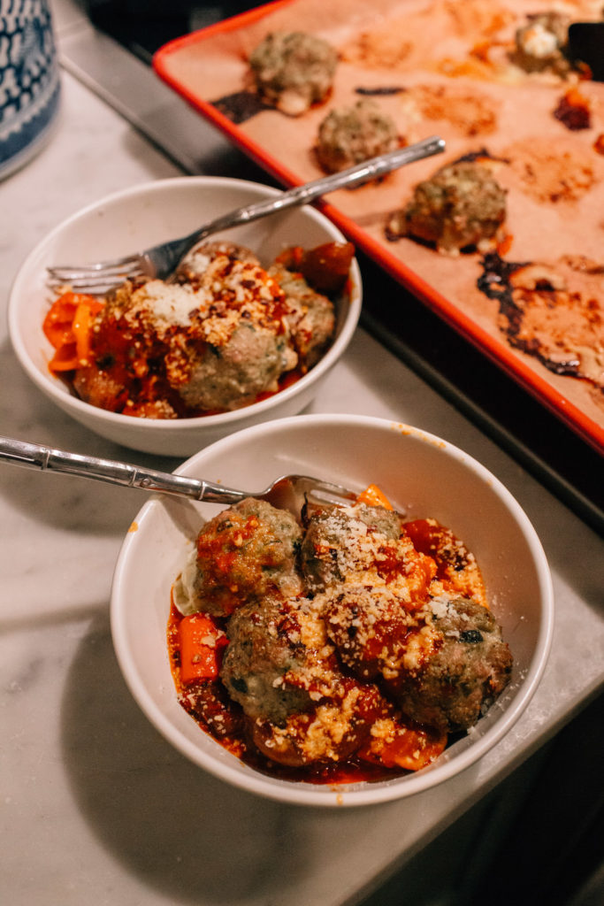 Stuffed Meatballs with Sautéed Veggies and Marinara Sauce