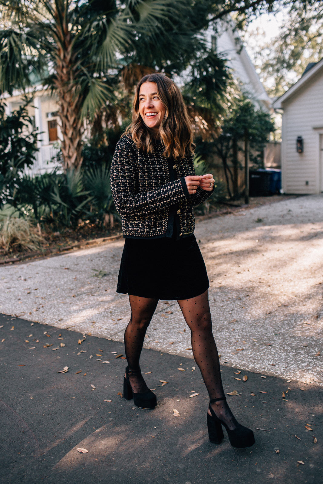 River Island Tweed Cardigan and Reformation Velvet Mini Dress