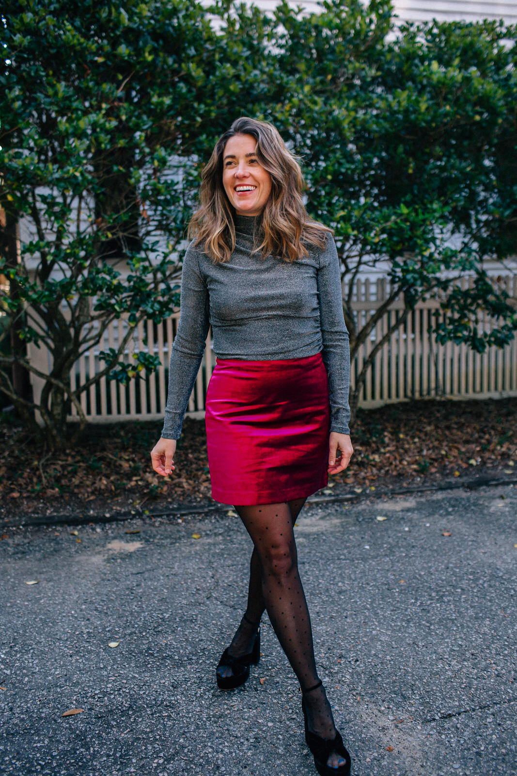 veronica beard metallic top and velvet pink skirt