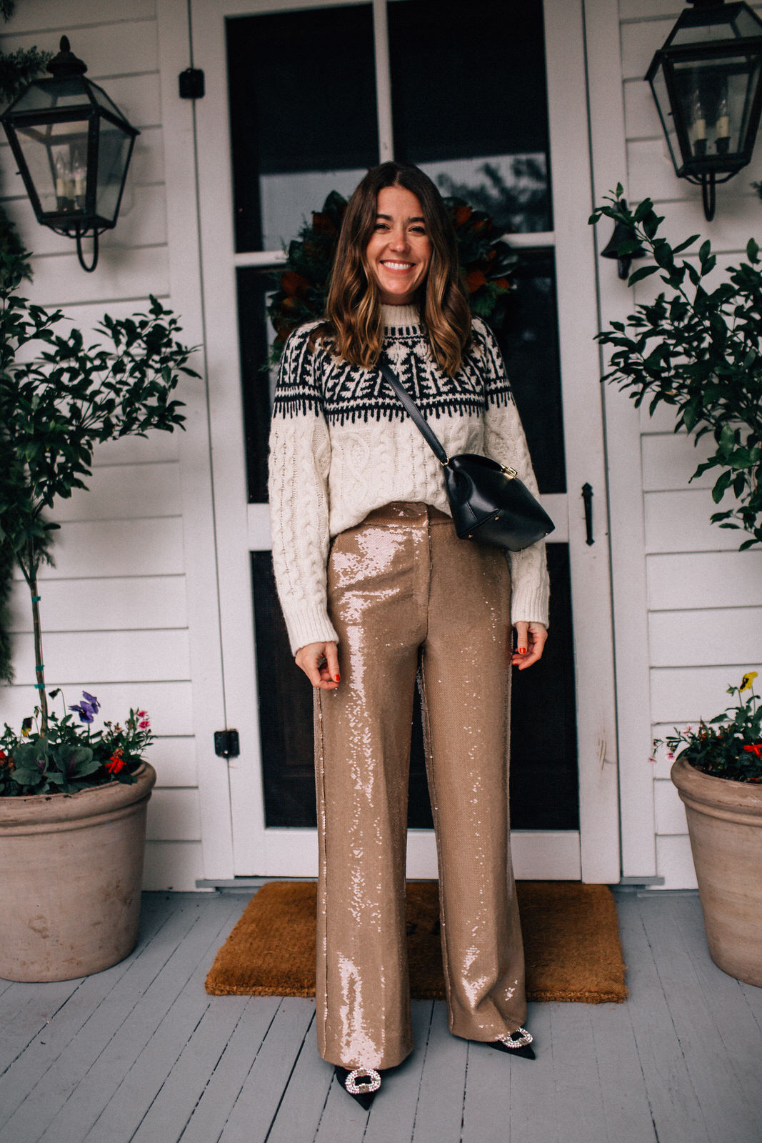 faherty fair isle sweater totem bag and sequin trousers