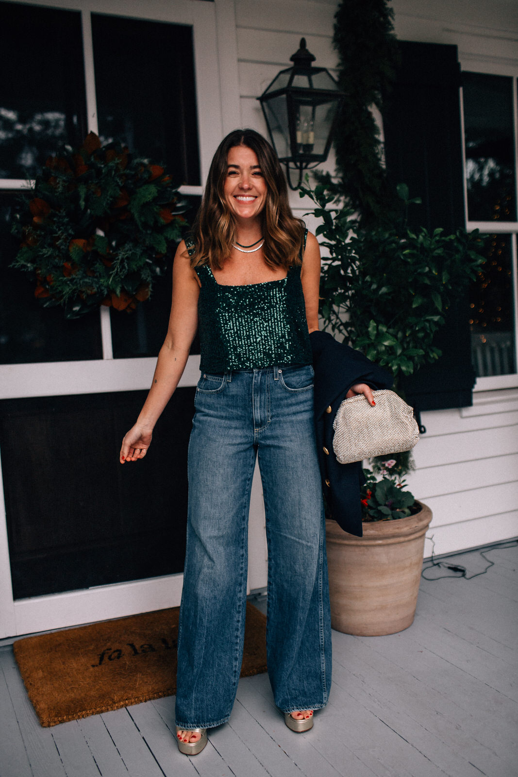 green sequin top for the holidays