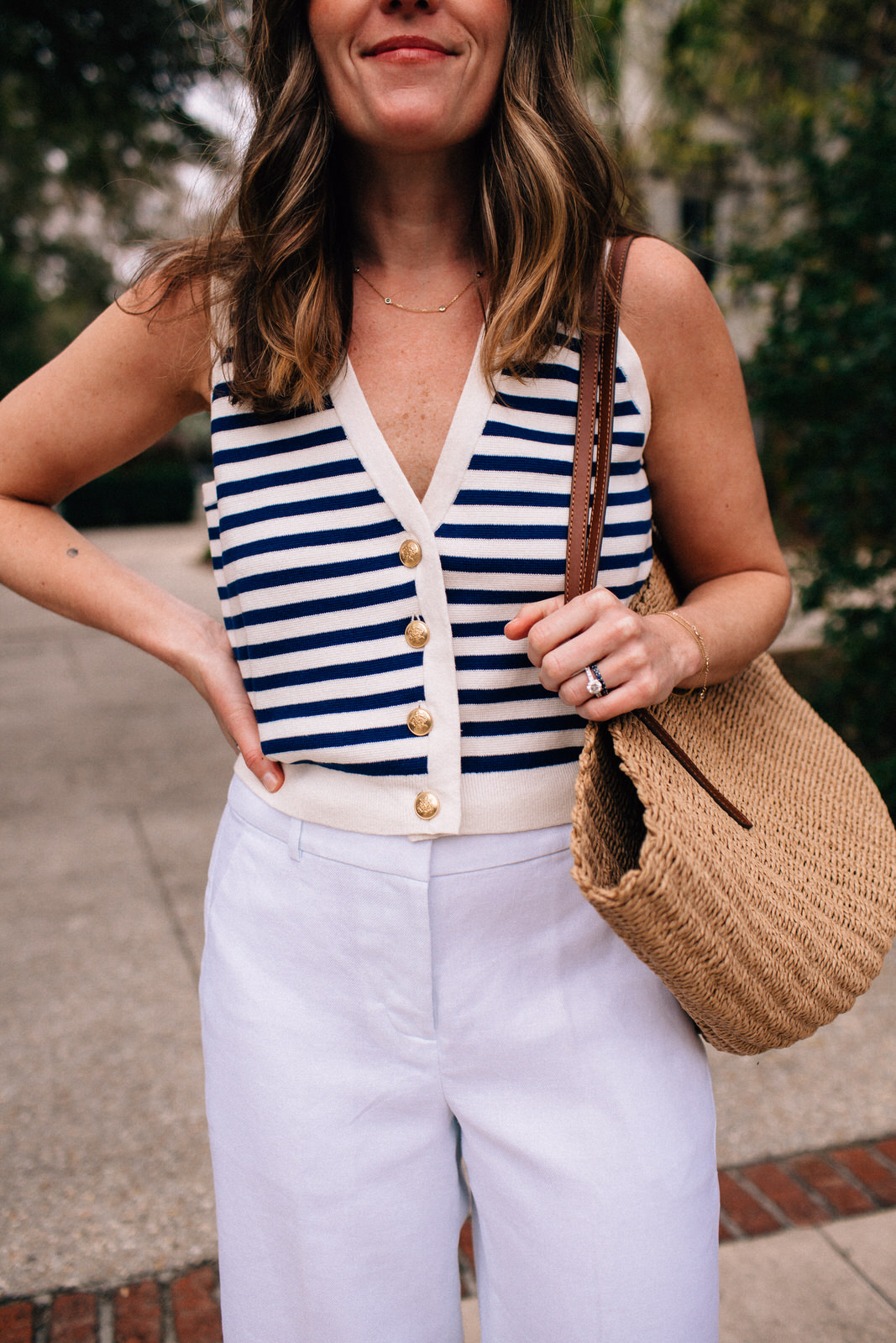 j.crew stripe sweater vest and linen pants for spring, the best straw bag for spring