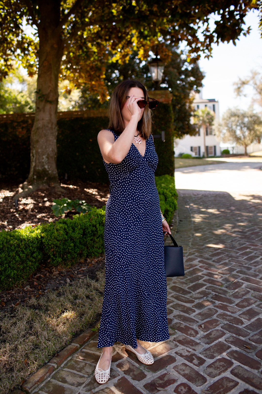 Rixo navy polka dot dress