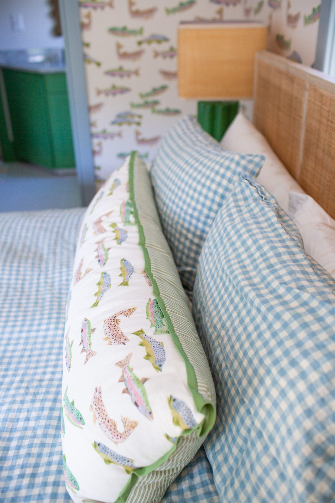 Piglet in bed blue linen gingham duvet