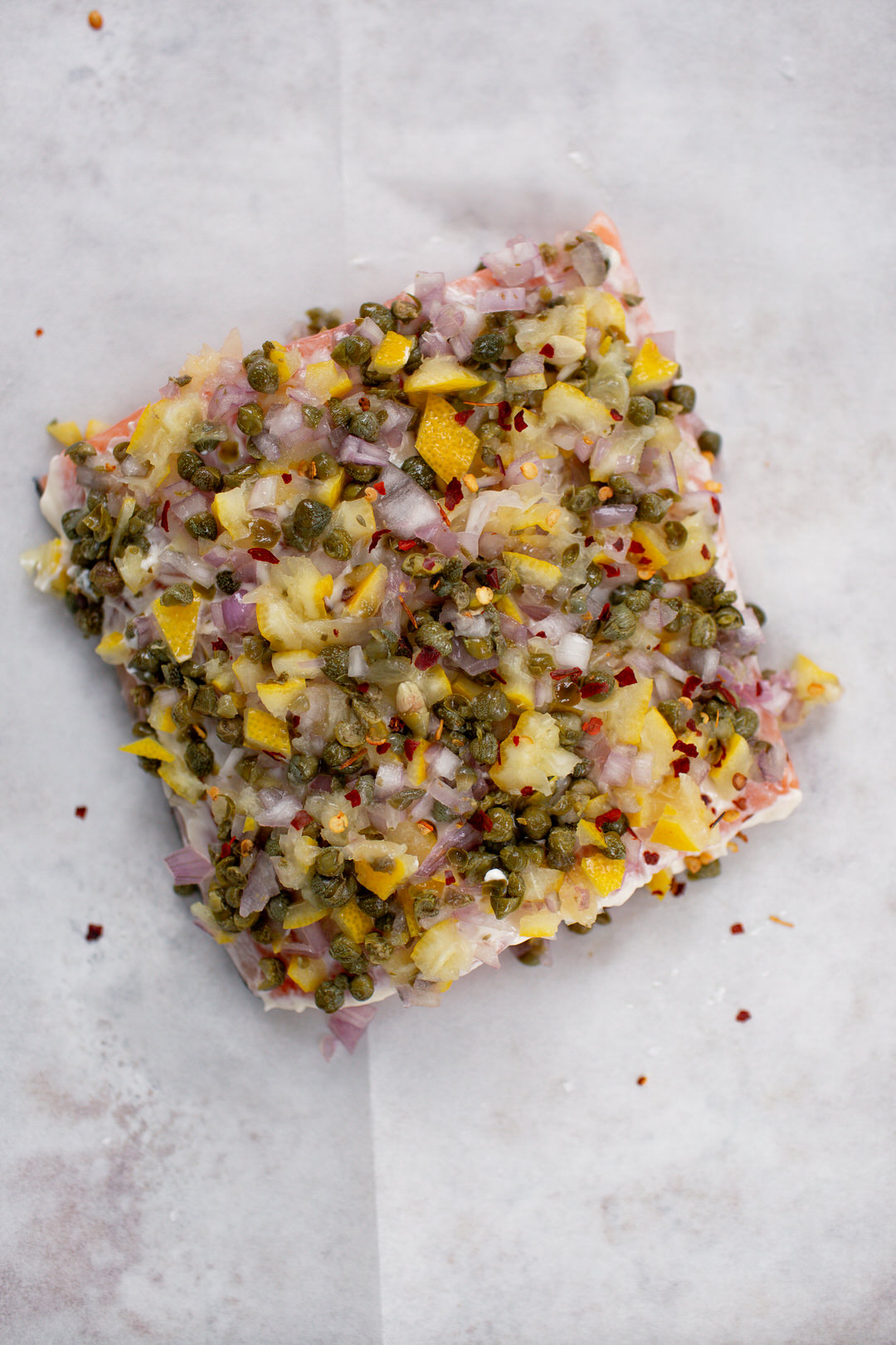 the best baked salmon recipe with mayonnaise, shallots, capers and lemon